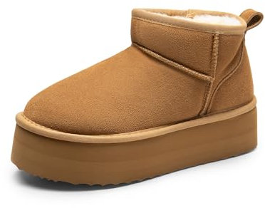 DREAM PAIRS Classic Platform Snow Boots for Women Genuine Suede Leather, Ankle Boots Winter Boots with Memory Foam Insole Lightweight Anti-Slip Outsole for Outdoor Indoor,Size 9,Chestnut,SDSB2427W