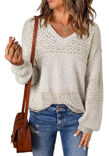 Aleumdr Women Solid Jumpers V Neck Long Sleeve Knitted Sweater Lightweight Loose Pullover Knit Top White S