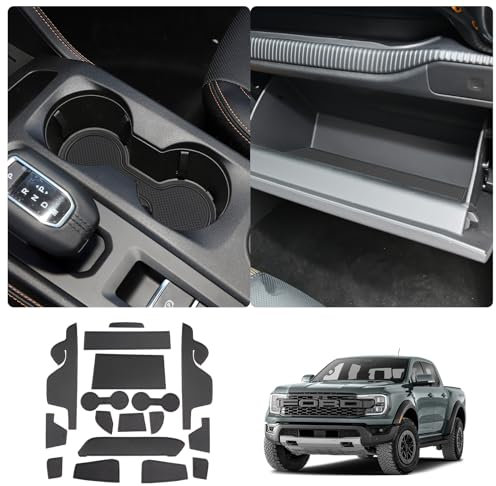 LUWU Kompatibel mit Ford Ranger T9 2023 2024 Raptor Wildtrak XLT Aufbewahrungsbox rutschfeste Matten Gummimatten Mittelkonsole Antirutschmatten rutschfest Becherhalter Matte (Schwarz)