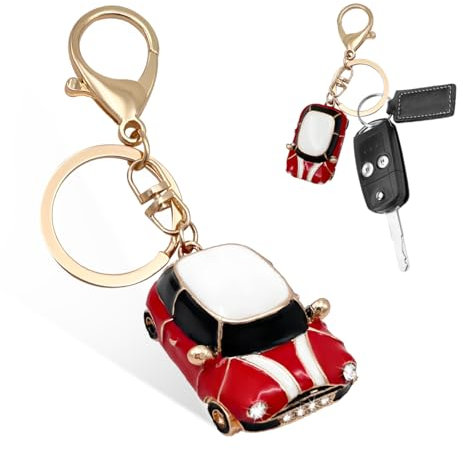 povtii Porte-clés de voiture en métal avec détails en strass 3D, mini Cooper - Accessoires de voiture (rouge)