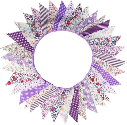 Daaxing 36 Stück große Stoff-Wimpelkette, 100 cm, Blumen-Wimpelkette, Baumwolle, Vintage, für Hochzeit, Babyparty, Garten, Geburtstagspartys, Heimdekoration (lila)