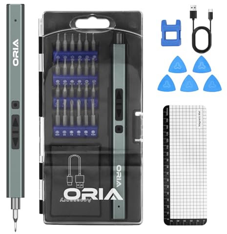 ORIA Elektrisches Schraubendreher Set, 33 in 1 Präzisions Akkuschrauber mit 24 Bits, 2 Gänge Drehmomente, LED-Licht, Magnetische Electric Screwdriver für Telefon, Kamera, Laptop