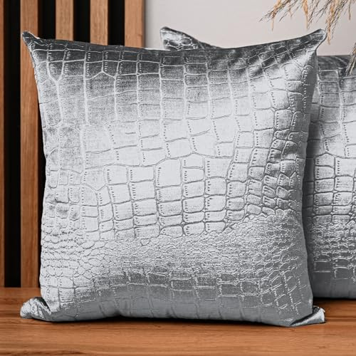 MG Design 2er Set Kissenbezüge 55 x 55 cm in Silber – mit Reißverschluss, strukturstark mit Kroko-Prägung, weich & pflegeleicht