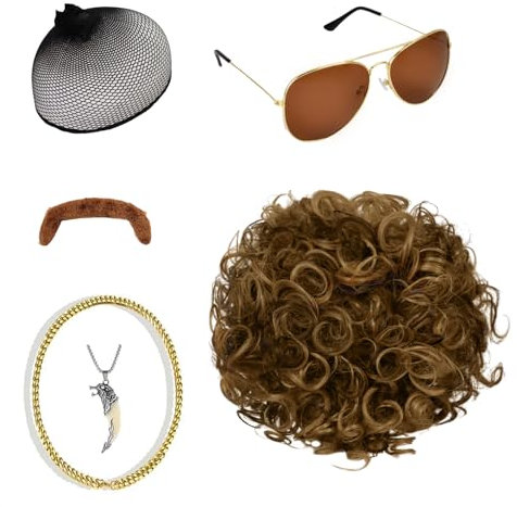 Futuhada 6er Set Herren Perücke 70er 80er Jahre Disco Perücke Halskette & Schnurrbart kurz gelockt Afro Shaggy Perücke Blond Braun, Echthaar Look, Ideal für Karneval und Partys