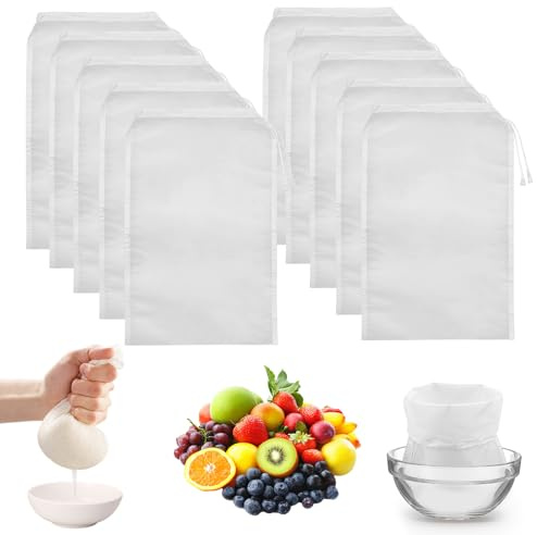 MOSTFUN 10 Stück Nussmilchbeutel, Feinmaschiges Passiertuch Wiederverwendbar, Nylon Filterbeutel, Nussmilchbeutel Bio Waschbar mit Kordelzug für Käse Fruchtsaft Kaffee Gemüsesaft (20 × 30 cm)