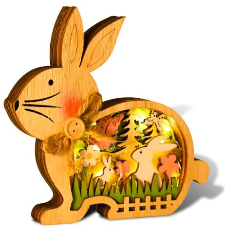 Ulikey Coniglio Pasquale Decorazioni Legno, Coniglietti Pasquali Decorativi con Luci a LED, Decorazione Coniglietto in Legno per Feste Giardino Casa, Regalo per Pasqua (Rosa)