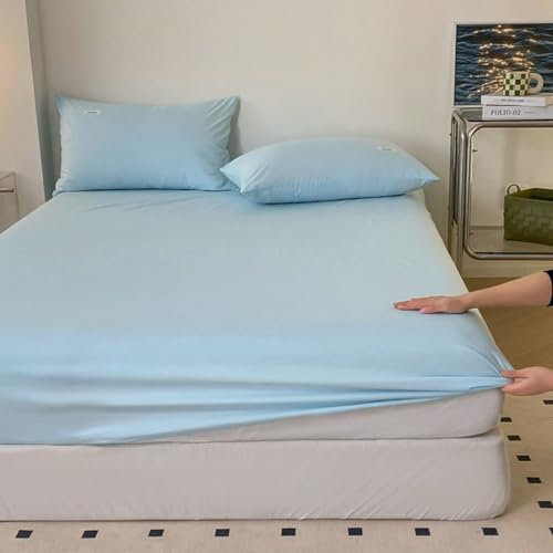 Calefee Bettlaken 150x200 Spannbettlaken Hoher Steg 30cm, Betttuch ohne Kissenbezug Baumwolle Einfarbig Hellblau