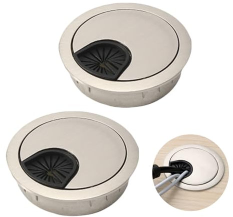 Desk Grommet Set - 2PCS 60mm Round Cable Hole Cover, Zinc Alloy Worktop Cable Tidy Wire Organizer, Brushed Silver Finish - Suitable for Home and Office Cable Management