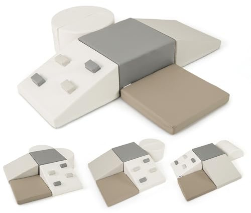 GOPLUS 6 PCS Parcours Motricité Bébé en Mousse EPE, Module Motricité Bébé Différentes Formes & Couleurs, Jouet Montessorri d'apprentissage pour 1 Ans+, pour Ramper/Grimper (Blanc)