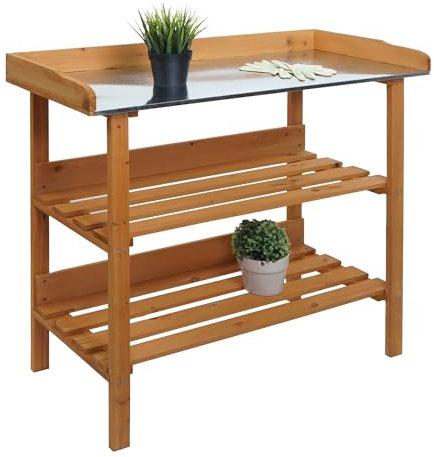 Mendler Tavolo da giardinaggio HWC-O14, ripiano per piante fiori, legno abete da esterno certificato MVG, 86x92x41cm - naturale
