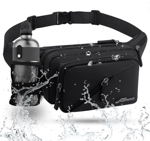 REETEE Bum Bag Fanny Pack Men Women Water Resistant Waist Packs Sports Waist Bag with Bottle Holder, Walking Waist Pack Bumbag with Adjustable Belt for Running Travel Cycling Outdoor Sport (Black)