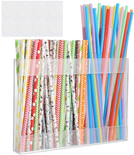 Leekeu Acrylic Straw Holder for Cupboard with Double Sided Adhesive Tape Stick on Door Straw Holder Reusable Wall Mounted Straw Rack Cabinet Kitchen Counters Transparent