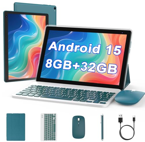 Android 15 Tablet 10 Zoll, 2 in 1 Tablet mit Tastatur. 8 GB RAM + 32 GB ROM Unterstützung 1 TB erweiterbarer Tablets PC, Quad-Core CPU, HD-Bildschirm, BT, WLAN, lange Akkulaufzeit Tablets mit Hülle