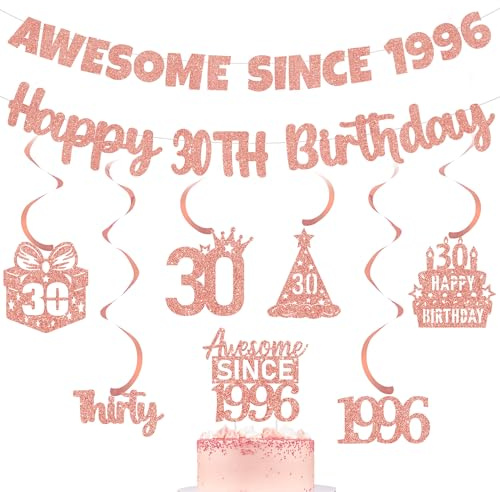 Rose Gold 30th Birthday Banner - Awesome Since 1996 Glitter Decorations with Hanging Swirls and Cake Topper, Party Supplies for Women 30 Year Old Celebration
