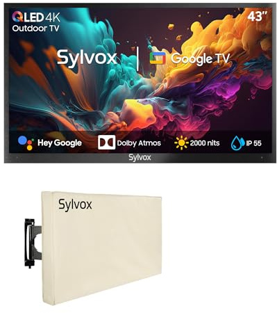 SYLVOX 43 TV da Esterno con Copertura, QLED 4K UHD 2000Nits, Smart Google Outdoor TV - IP55 Impermeabile, Dolby Audio, WiFi e Assistente, Bluetooth, DVB (Pool Pro 2.0 QLED)