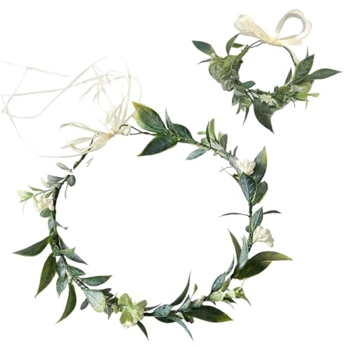 1 Pièce Couronne de Fleurs et 1 Pièce Bracelet Anneau, Guirlande De Feuilles Vertes, Bandeau Forêt Simple, Fleurs Couronne de Mariée pour Mariage Fête Séance Photo Bord de Mer