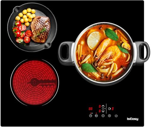 IsEasy Placa vitrocerámica de 3 Zonas, Placa de cocina vitrocerámica 60 cm 3 Zonas, 5500 W, temporizador, 9 niveles de potencia, Bloqueo Seguridad para Niños