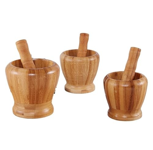 Pestle And Mortar Set Bamboo Wood Mortar and Pestle Set with Lid Spoon Grinder Press Crusher Masher for Pepper Garlic Herb Spice Kitchen Gadget Sets(11.5X12cm)
