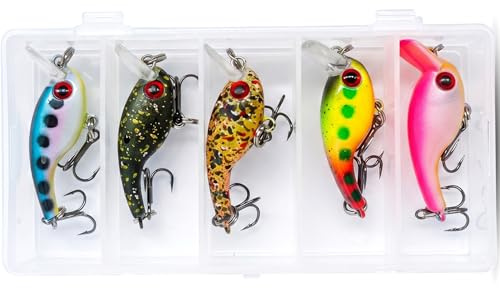Forellen Wobbler Barsch Köder Set mit Köderbox – 5 Stück Forellenköder Kunstköder, Angelköder Set 3,5 cm Mini Wobbler, Angelzubehör mit Aufbewahrungsbox für Forelle und Barsch