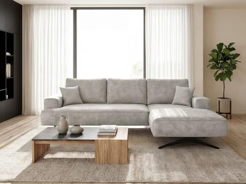 GRAINGOLD Leto Ecksofa 260x165 cm, L-Form Sofa, Ecksofa für Wohnzimmer, Velours-Stoff, 3-Sitzer Eckcouch, Modernes Design (Grau, Rechts)