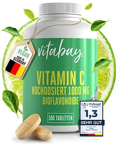 Vitabay Vitamin C Hochdosiert 1000mg - 500 Vegane Time Released Tabletten Vitamin C Gepuffert - Vit C mit Citrus Bioflavonoide - Vitamine C mit zeitverzögerter Abgabe - Laborgeprüft