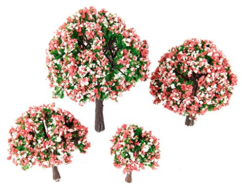 Yetaha 4PCS Miniature Pink Flowers Model Trees, 4-10cm/1.57-3.94in Landscape Diorama Peach Flowers Tree, Plastic Miniature Landscaping Scenery Trees for Railway Scene OO HO Z Scale DIY Decoration