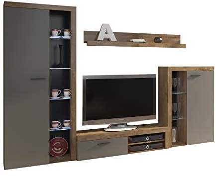 Wohnwand Rango, Design Wohnzimmer Set, Modernes Anbauwand, Schrankwand, Vitrine, TV Lowboard, Mediawand, (mit Beleuchtung, Lefkas Eiche/Graphit)