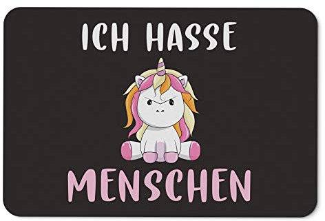 Tassenbrennerei Einhorn Fußmatte innen - Ich Hasse Menschen - Türmatte mit Spruch lustig - waschbar - Deutsche Qualität