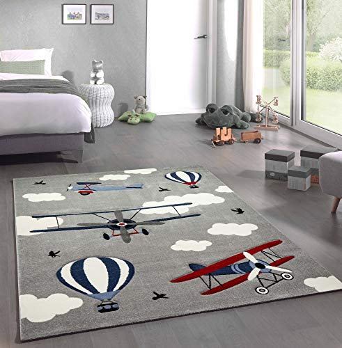 CARPETIA Teppich Kinderzimmer Flugzeuge Doppeldecker Heißluftballon grau blau Creme Größe 140x200 cm