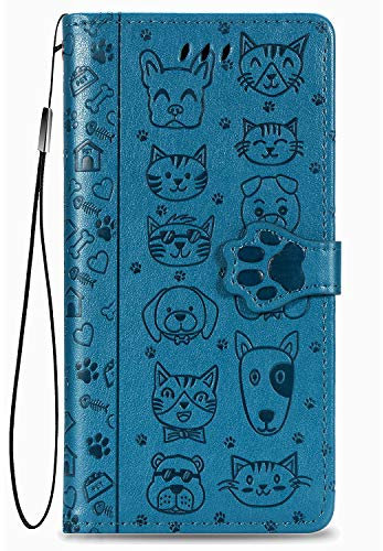 Fertuo Case for iPhone 12 Pro/iPhone 12, Leather Wallet Case with Cute Cat Dog Embossed Pattern [Card Slots] [Kickstand] [Inner TPU Shell] Flip Cover for Apple iPhone 12 Pro / 12 6.1 inch, Blue