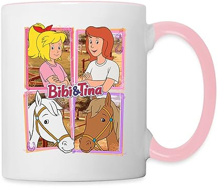 Spreadshirt Bibi Und Tina Mit Amadeus Und Sabrina Kachelmotiv Tasse Zweifarbig, One size, Weiß/Pink