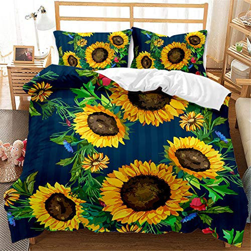 AYMAING Blühen Sonnenblumen Bettwäsche Set Helles Gelb Sonnenblumen Bettwäsche 200x200 cm für Mädchen Frauen Tropische Blumen Mikrofaser Bettbezug Set mit 2 Kissenbezug