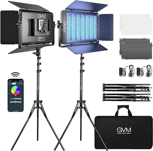 GVM RGB Videolicht Panel mit Stativ Set, 75W LED Videoleuchte mit APP-Steuerung, 3200K-5600K LED Studiolicht Dauerlicht Fotografie für Fotografie Licht Video Beleuchtung Studio Filmlicht Studiosets