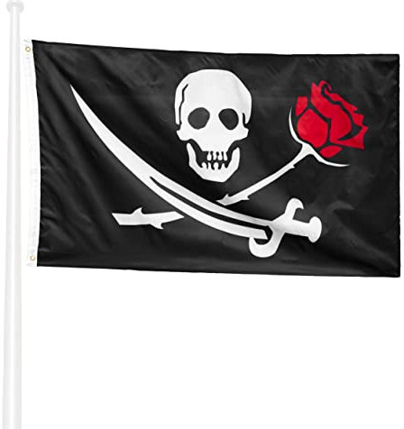 KliKil Bandiera Pirati 150x90 Jolly Roger con rosa - Bandiera Pirata tessuto da esterno, resistente alle intemperie con 2 occhielli metallici. Pirate with Rose Flag giardino decorazioni