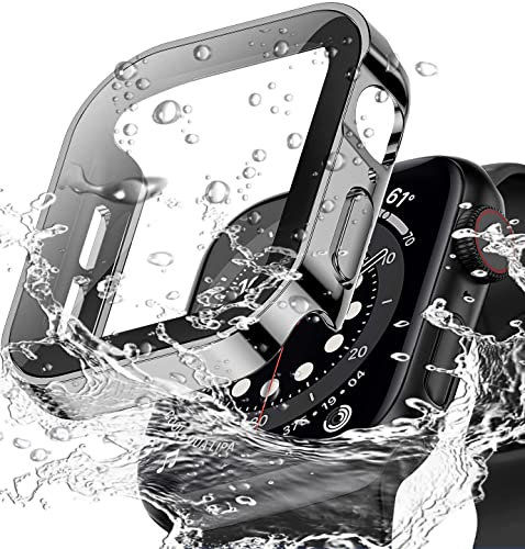 Miimall Funda para Apple Watch Series SE/6/5/4 44mm, Funda de PC Impermeable [Protector de Pantalla Vidrio Templado], Anti-Choque Cobertura Completa Carcasa Protectora para iWatch SE 44mm-Negro
