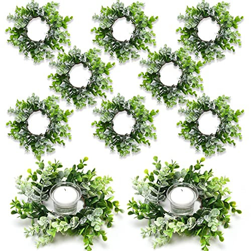 Künstlicher Blumenkranz für Frühling und Sommer, Mini-Blumenkranz, Hochzeitskerzenringe, Kränze für Hochzeit, Tischdekoration, Säulen, Bauernhaus, Party, Zuhause, Tür, Tischdekoration (Eukalyptus), 8