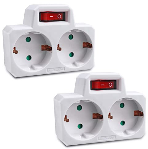 EXTRASTAR 2 en 1 Adaptador con Interruptor y 2 Enchufes Schuko, hasta Carge 3680W, 250V, 16A, Blanco, Adaptador de Regleta, 2 pcs