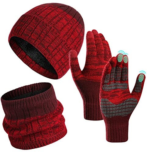 UikJOY Winter Mütze Loop Schal Handschuhe Damen Herren Sets, 3in1 Warme Beanie Hut Schal und Handschuhe Anti-Rutsch Touchscreen, Weiches Fleece Innenfutter Tolles Warm