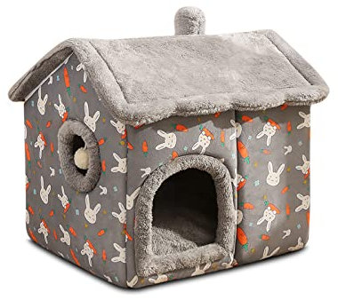 Galatée Katzenhöhlenbett, Tragbares Katzenbett Mit Abnehmbarem Kissen, Kleines Hundehöhlenbett Haustier Warmes Haus, Waschbares Hundebett, Katzen-Welpen-Iglu-Bett(L, Grauer Kaninchen)