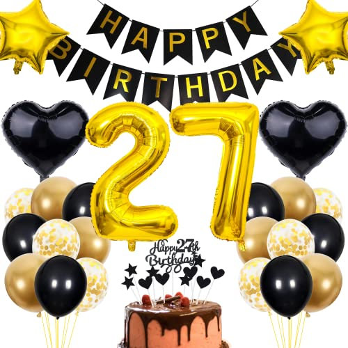 Cnrose 27. Geburtstag Dekoration,Schwarz Tortendeko Geburtstag 27 Jahre Mann,Party Deko Gold Schwarz,27 Geburtstag Männer Frau,Tortendeko 27. Geburtstag Frauen,Geburtstagsdeko 27 Jahre Mann