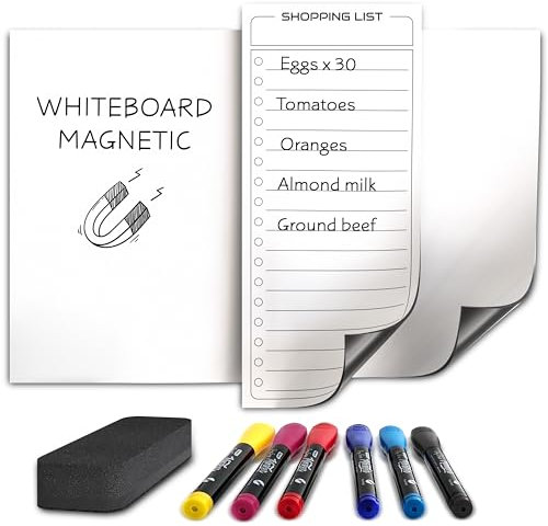 Tableau blanc magnétique effaçable à sec pour réfrigérateur, tableau blanc magnétique pour réfrigérateur et liste de courses - 6 marqueurs effaçables à sec inclus - 20,3 x 30,5 cm