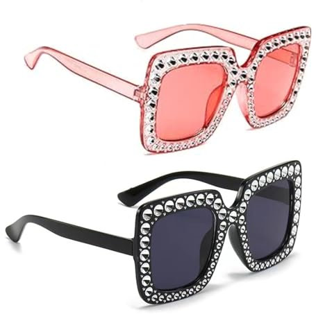 Occhiali da Sole con Strass - 2 Paia Quadrati Oversize Unisex, Grandi Classici Vintage con Protezione UV400 - Nero e Rosa