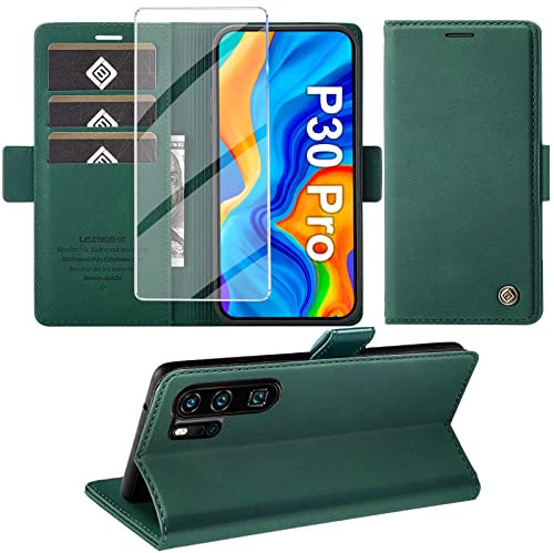 Giyer Handyhülle für Huawei P30 Pro Hülle mit Schutzfolie, Standfunktion Kartenfach Wallet Premium Leder Schutzhülle P30 Pro Flip Case Cover Stoßfeste Klapphülle für Huawei P30 Pro 6.47 Zoll (Grün)