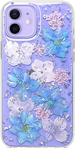 Abbery Designed for iPhone 12/12 Pro Pressed Flower Case, Cute Bling Glitter Sparkle Clear with Design Soft Silicone TPU Rubber Dried Real Floral Aesthetic Case for Women Girls (Lake Blue Flower)