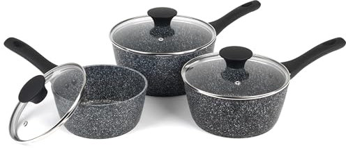 Salter BW11460BRMFOB Megastone Thermo Collar 3 Piece Saucepan Set With Lids, 9X Longer Lasting Non-Stick, Corrosion & Scratch-Resistant Forged Aluminium, Heat Indicator, Metal Utensil Safe, 16/18/20cm