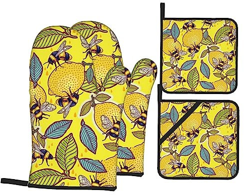 Ofenhandschuhe, Topflappen-Set, hitzebeständig, für Küche, Backen, Kochen, Grillen, Gelb, Zitrone und Biene, 4 Stück