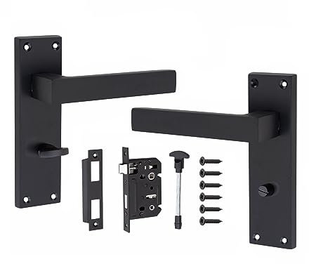 Golden Grace Victorian Straight Delta Door Handles Bathroom WC Toilet Complete in Matt Black with (GG) 64mm Bathroom Mortise Lock - 150mm x 40mm Backplate