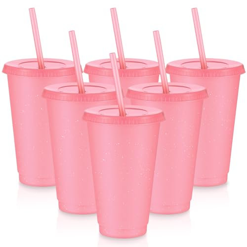 6 Pcs Reusable Tumbler with Lids and Straws Plastic Iced Coffee Tumbler Glitter Travel Mug Cup for Smoothie Juices Birthday Party Cold Drink Coffee Cup Bulk for Adult Kid Women(16 oz,Pink)