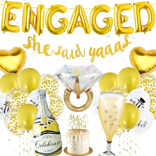 Engagement Party Decorations Engaged Balloons - Gold Engagement Decorations Balloons Banner She Said Yaaas Banner Diamond Ring Balloons Latex Balloons Cake Topper for Engagement Wedding Party