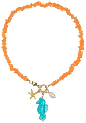 MARARDI Kette Damen Italienische Keramik aus Caltagirona [Orange Seepferdchen] Steinkette Handmade Italienischer Schmuck Elegant Originale für Alltag Events Hochzeiten Besondere Anlässe